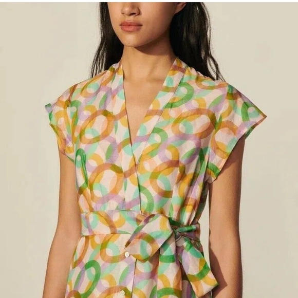 Sandro Green Athena Circle Print Linen & Silk Shirtdress, Size 36 - Picture 2 of 8